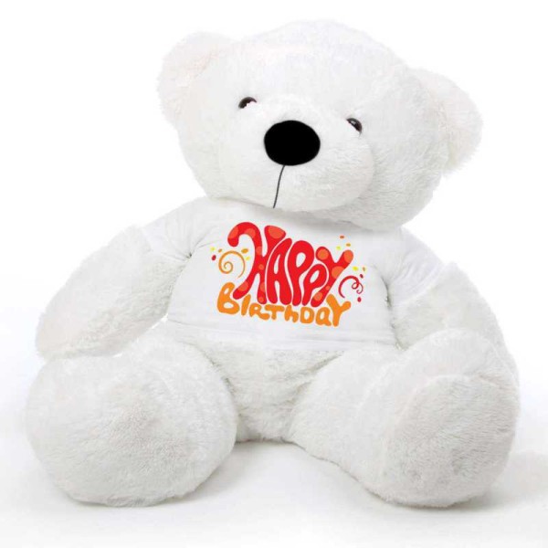 White 5 feet Big Teddy Bear wearing a Happy Birthday T-shirt